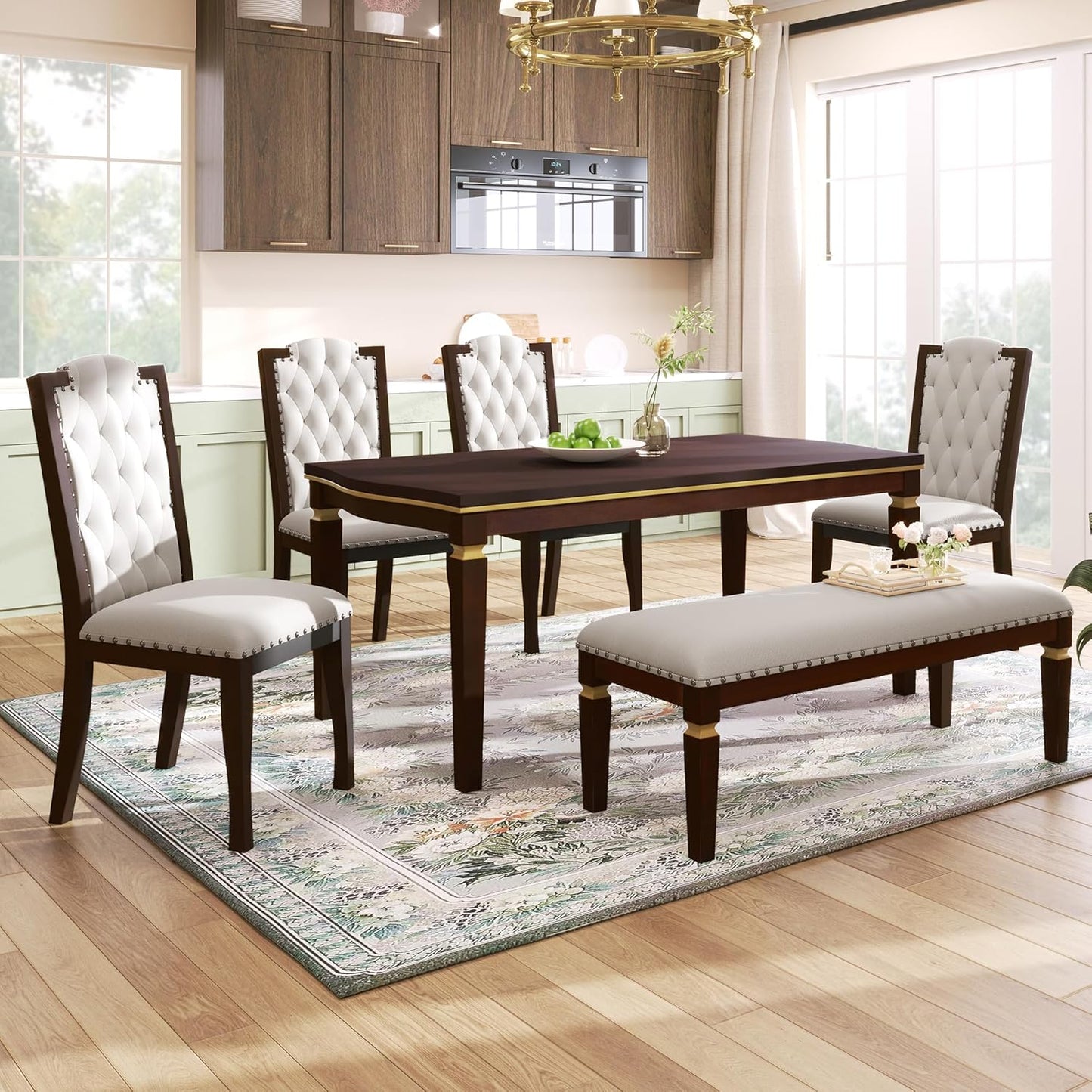 Merax 6-Piece Kitchen Dining Table Set, 62.7" Rectangular with 4 High-Back Tufted Chairs & 1 Bench for Kitchen Room, Espresso