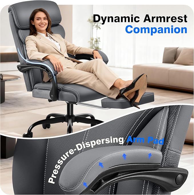 Office Chair - Ergonomic Comfortable High Back Computer Desk Chair with Foot Rest - Executive Breathable Swivel Rolling Reclining Leather Chair with Lumbar Support for Home Gaming Relaxing