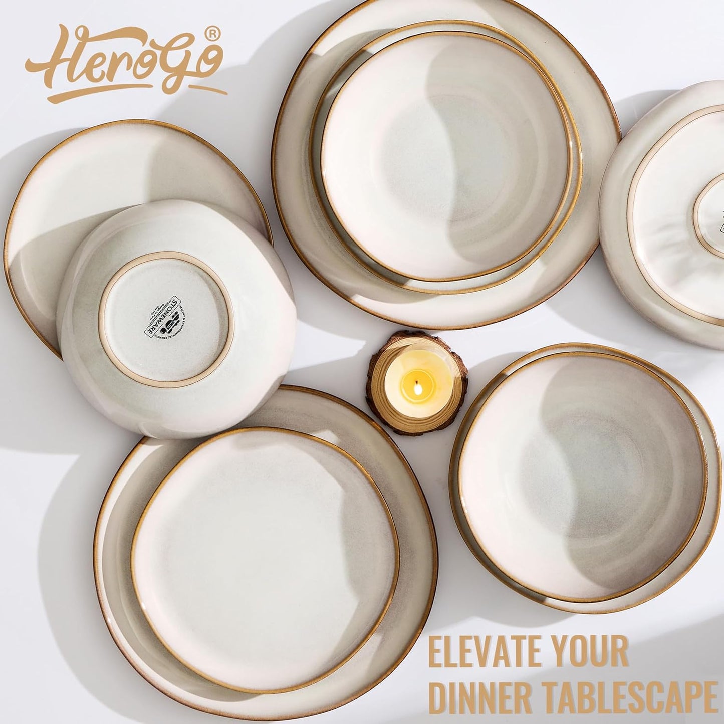 Herogo 18 Piece Stoneware Dinnerware Sets for 6, Plates and Bowls Dinner Dish Set, Irregular Handmade Dinning Ware Dishware for Home Kitchen, Microwave & Dishwasher Safe, Pearl White