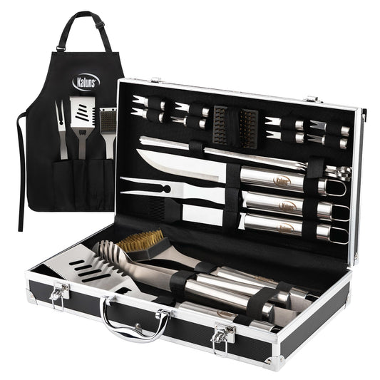Kaluns Grilling Accessories, Dad Gifts for Fathers Day, Mothers Day Grilling Gifts, Heavy Duty Stainless Steel BBQ Tool Set for Outdoor Grill with Aluminum Case and Apron, Birthday Gifts for Men