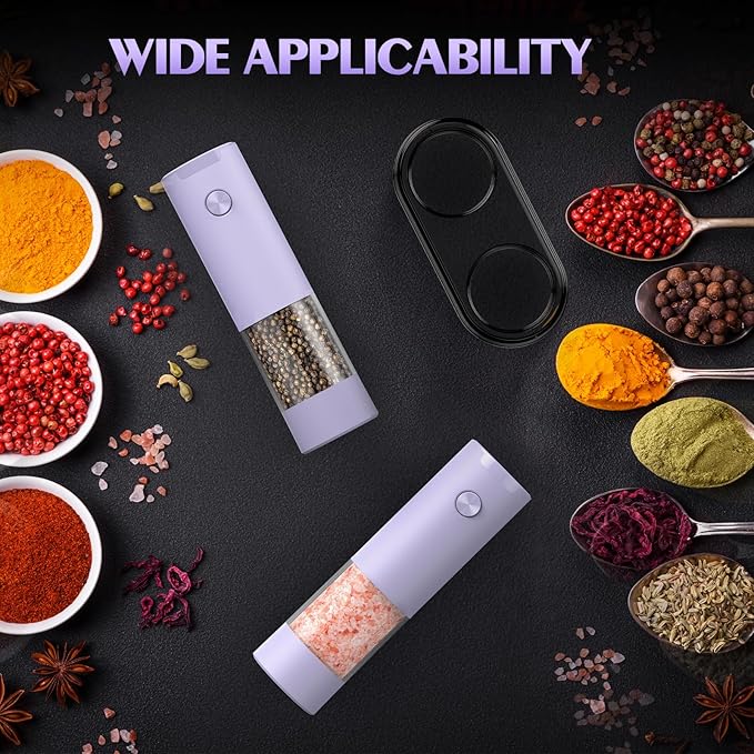 Salt and Pepper Grinder Set Christmas Gifts for Women Automatic Battery Purple Pepper Mill Shakers Kitchen Accessories Cooking for Mom, Adjustable Coarseness Salt Pepper Shakers White Elephant Gift