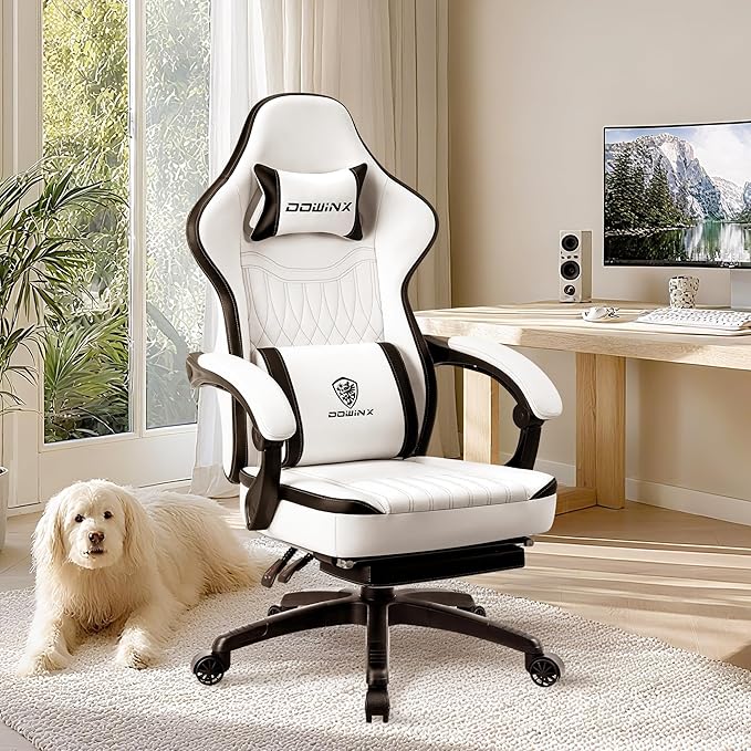 Dowinx Gaming Chair Breathable PU Leather Gamer Chair with Footrest Massage Lumbar Support, Big and Tall Ergonomic Reclining Computer Chair with Pocket Spring Cushion for Adults Teens (Black&White)