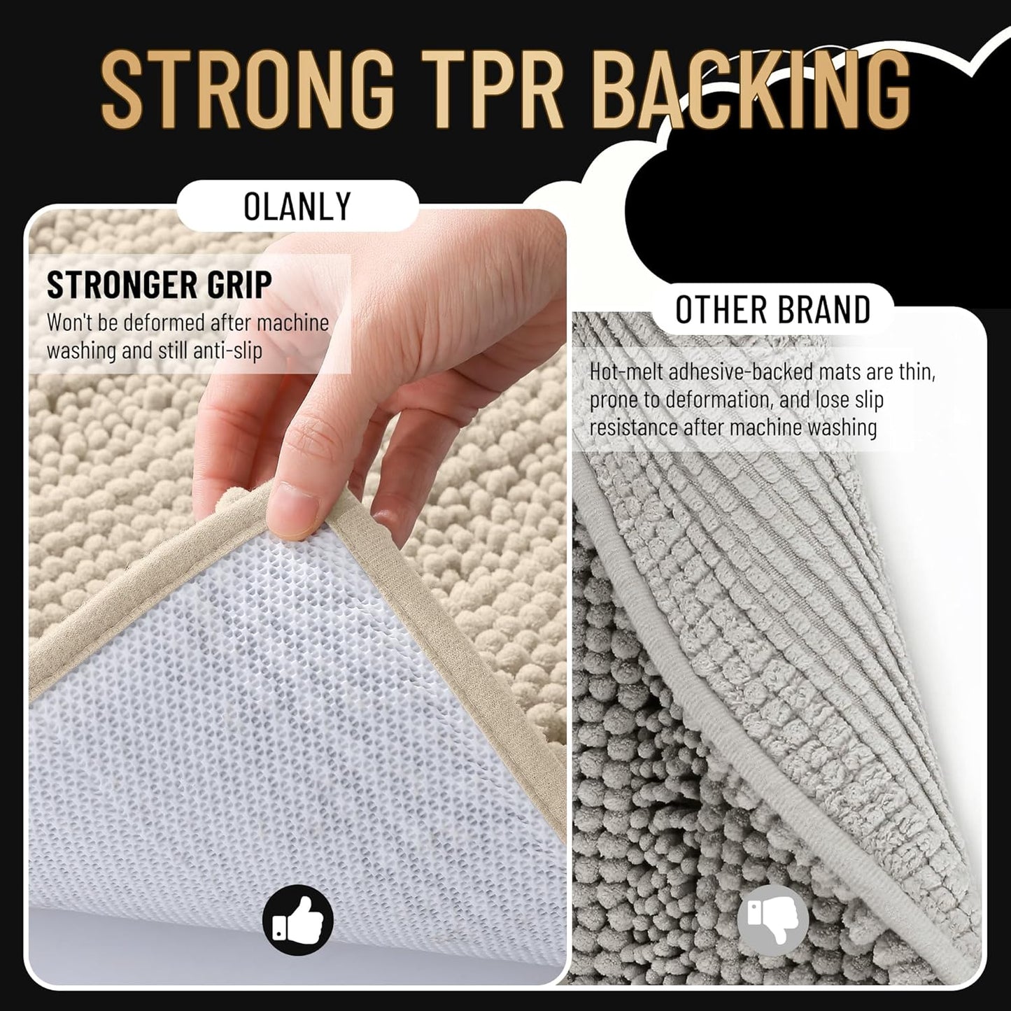 OLANLY Thick Bathroom Rugs 24x16, Extra Soft Absorbent Chenille Striped Bath Rugs, Rubber Backing, Machine Wash Dry, Bath Mats for Bathroom Floor, Tub and Shower, Home Decor Accessories, Sand