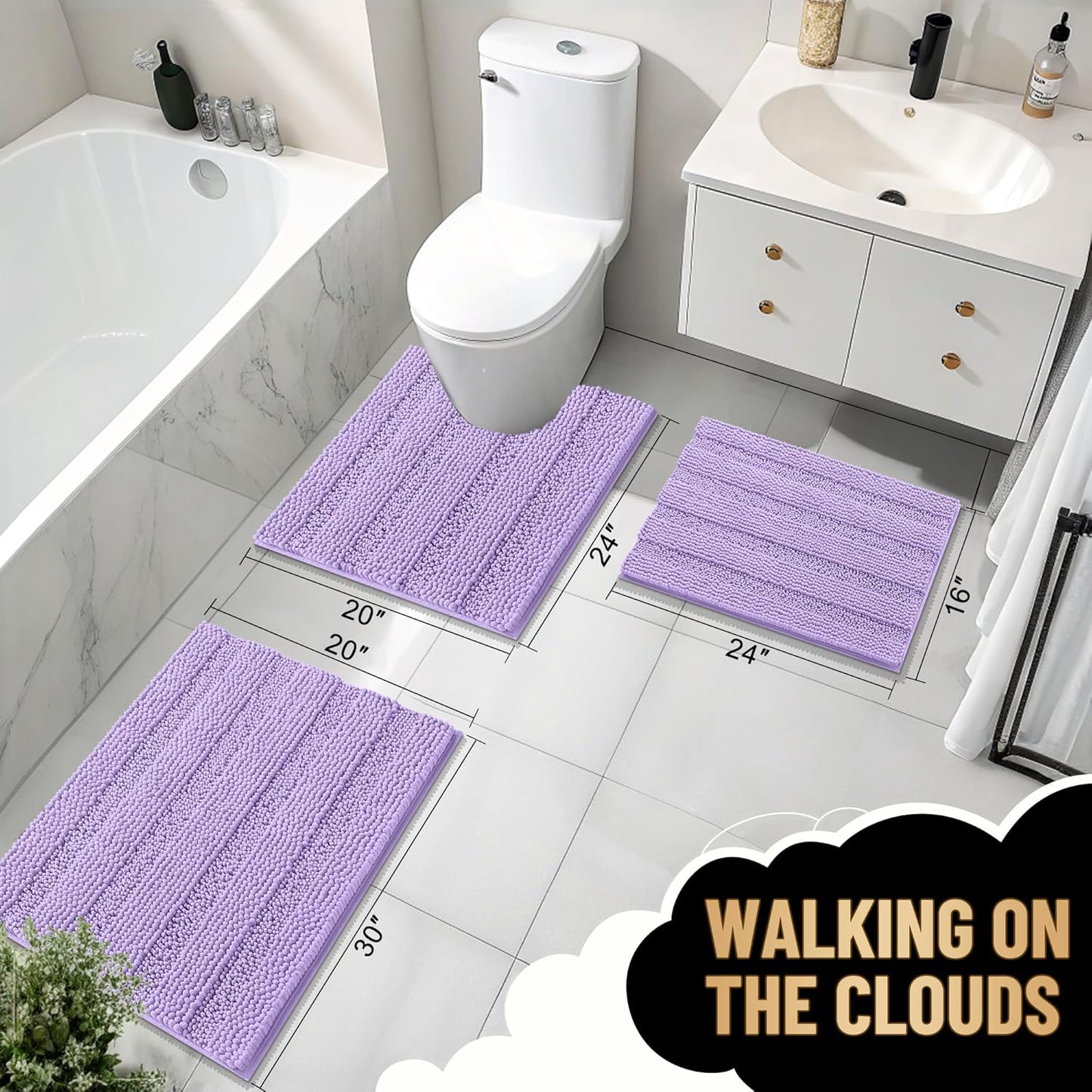 OLANLY Thick Bathroom Rugs 24x16, Extra Soft Absorbent Chenille Striped Bath Rugs, Rubber Backing, Machine Wash Dry, Bath Mats for Bathroom Floor, Tub and Shower, Home Decor Accessories, Lavender
