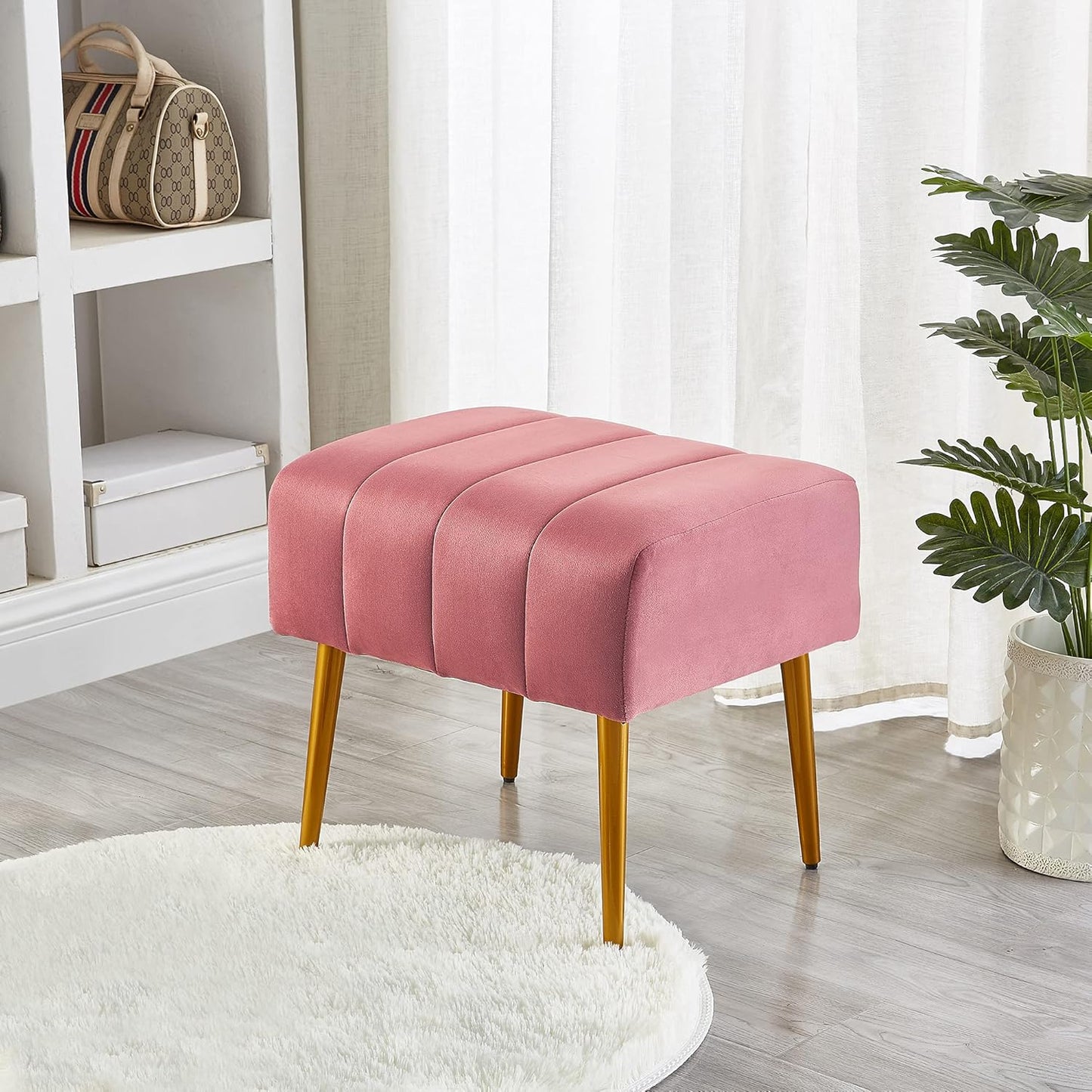 Ball & Cast Upholstered Velvet Ottoman,Footrest 18"W x 15.75"D x 17.5"H Rose,Golden Powder Coating Legs Set of 1