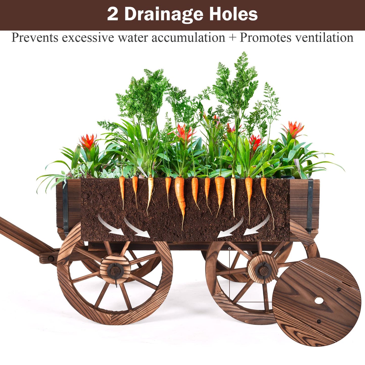 S AFSTAR Wooden Wagon, Wood Flower Planter Pot Stand with 4 Wheels & Drainage Holes, Amish Wagon Planter, Rolling Pot Stand Wood Wagon for Outdoor Plants Garden Decorative Garden Planter, Brown