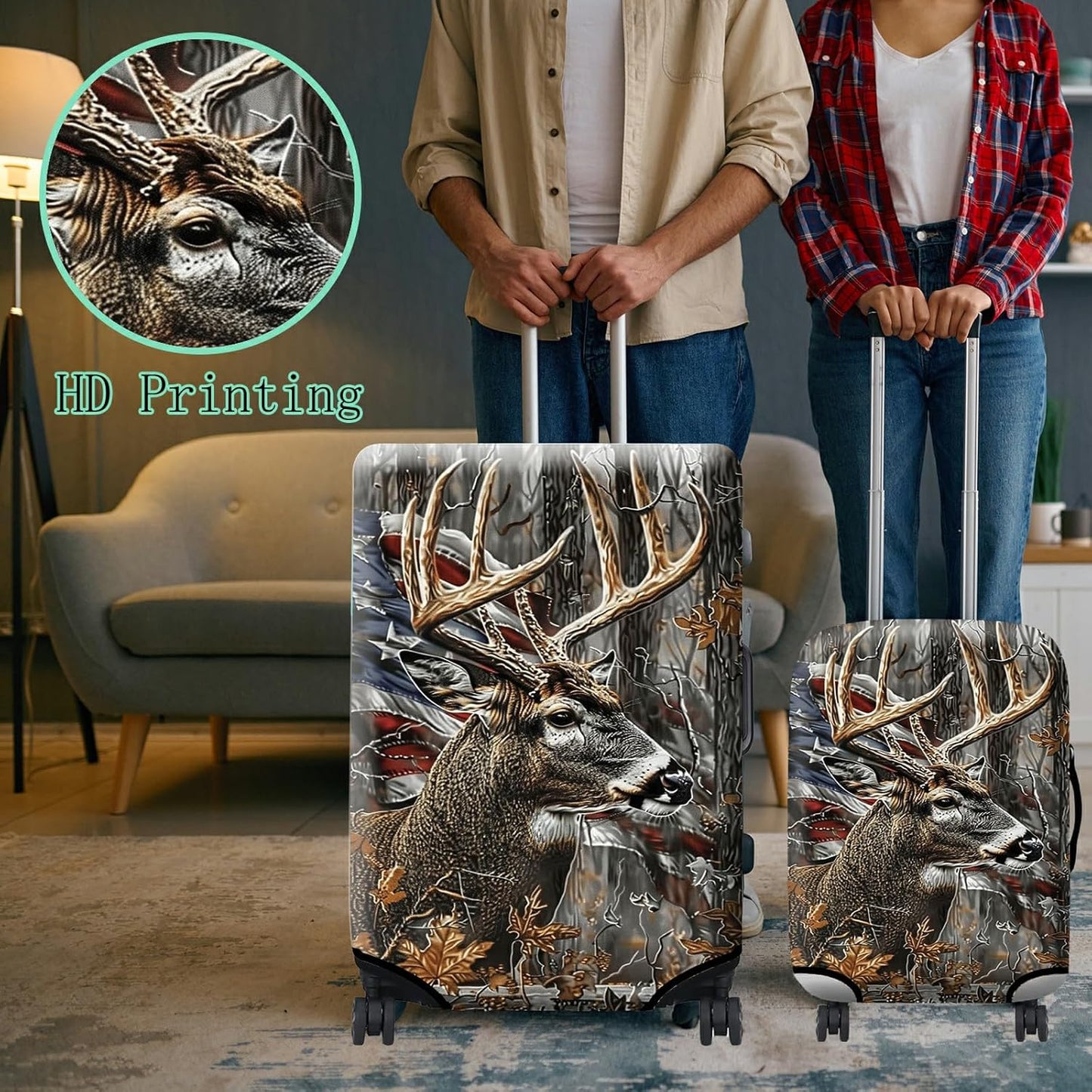 Luggage Cover Suitcase Protector + Tag, Camo Deer Flag Travel Suitcase Cover for 20 inch Luggage (S) with Concealed Zipper Washable Elastic Cloth Dustproof Anti-Scratch