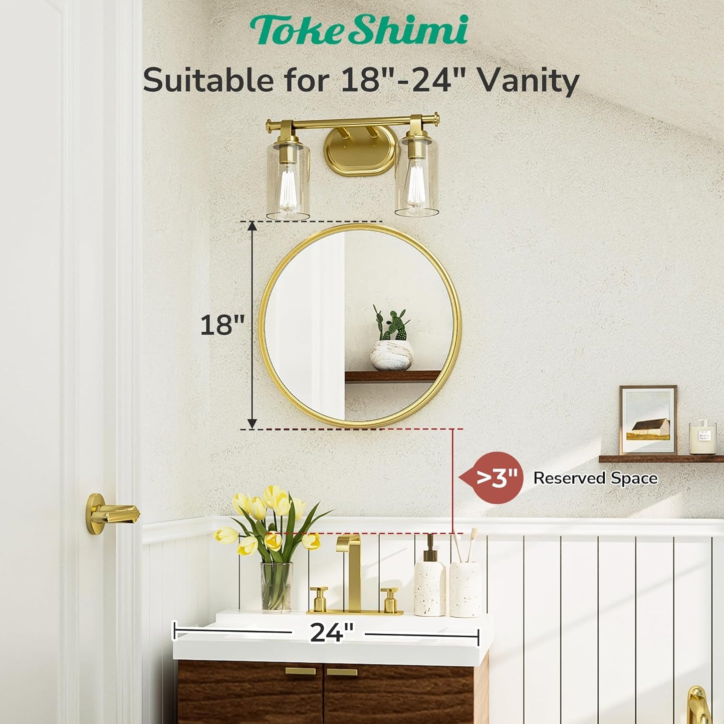 TokeShimi 18 in Brushed Gold Wall Mirror Framed Round Bathroom Mirror for Over Sink Shatterproof, 18 x 18 Farmhouse Mirror Circle Metal Wall Mirrored for Living Room, Entryway, Bedroom, Vanity
