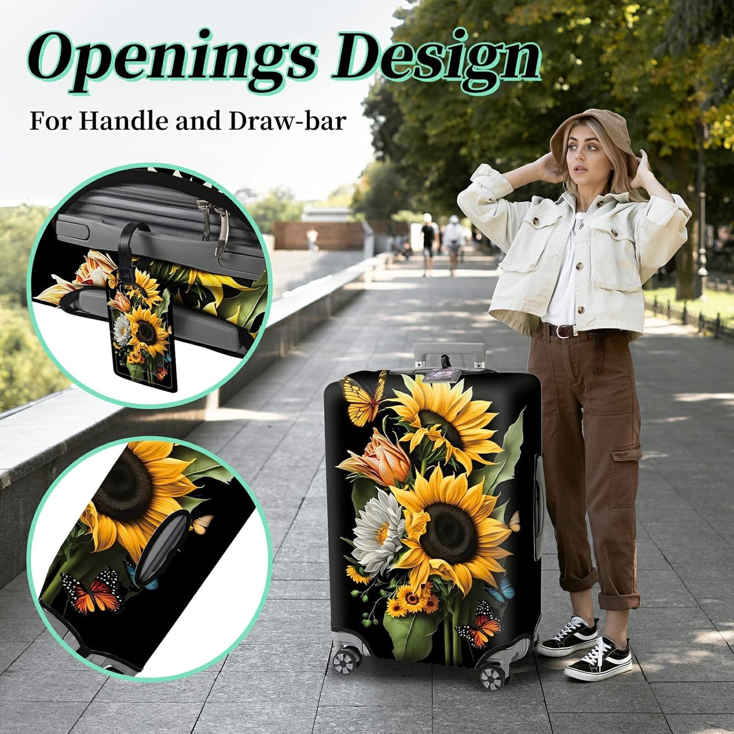 Suitcase Protector Plus 1 Luggage Tag, Sunflower Orchids Travel Suitcase Cover for 22-24 inch Luggage (M) with Concealed Zipper, Washable Elastic Cloth, Dustproof, Anti-Scratch