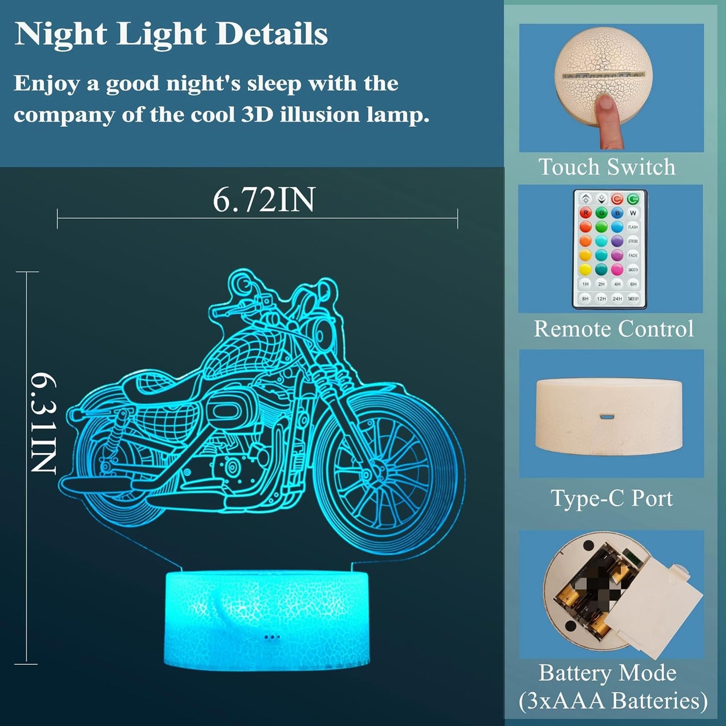 Motorcycle Gifts, Motorcycle Night Light, Motorbike 3D Illusion Lamp, 16 Colors Changing, Timer, 4 Flash Modes and Dimmable，LED, Kids Room Decoration, Xmas Birthday Gifts