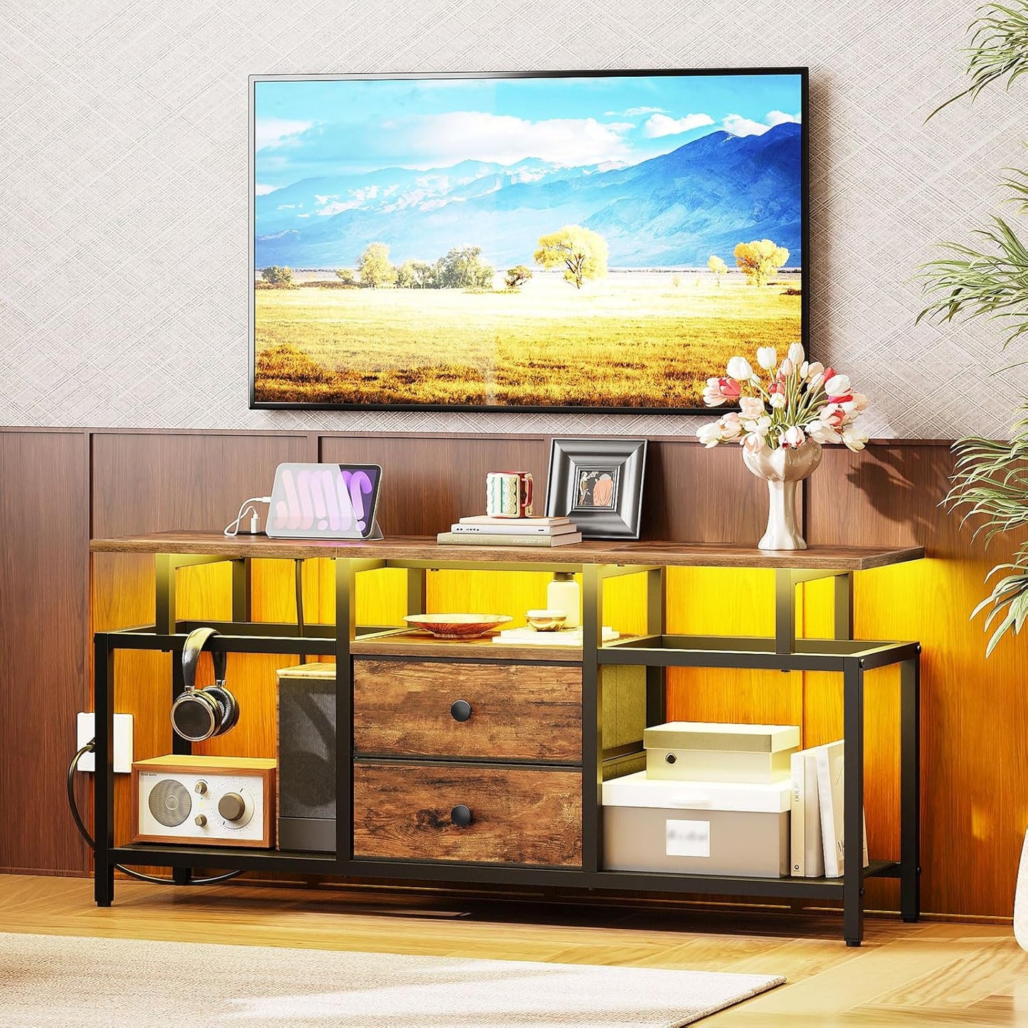 TV Stand with LED Light and Power Outlets, Entertainment Center with Fabric Drawers and Open Shelves, 41.7" TV Cabinet for TVs up to 45 Inch, Media Console for Living Room, Brown DS03UDBR