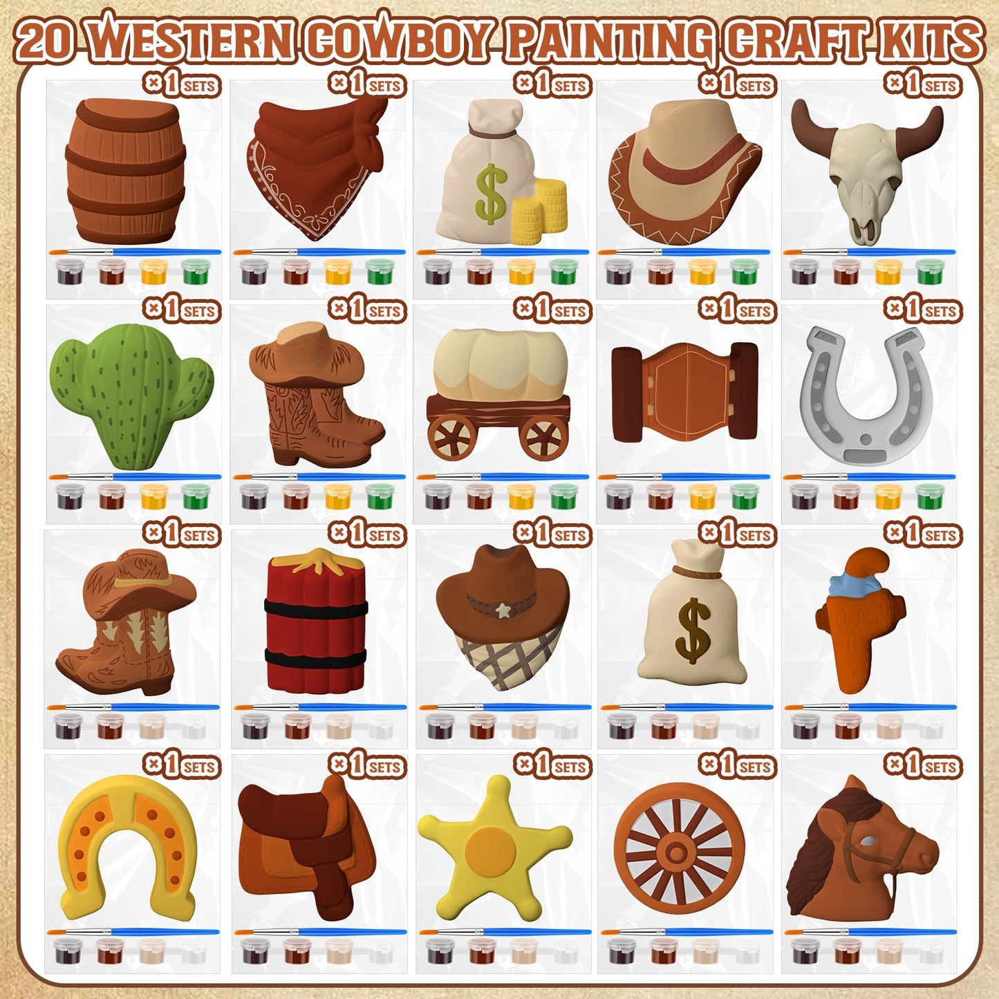 Simgoing 20 Set Cowboy Ceramics to Paint Ready to Paint Your Own Ceramic Cowboy DIY Western Paintable Statues Craft with Brush Palette for Adult Western Table Centerpieces Decorations