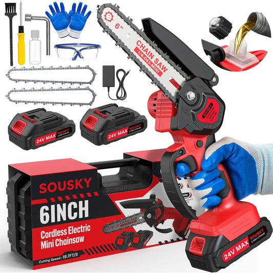 6 Inch Mini Chainsaw Cordless, 24V 2000mAh Rechargeable Battery, Auto-Oil, Lightweight & Safe Chainsaw for Women/Men/Seniors/Craftsman, Garden Tree Cutting, Wood Pruning Tool