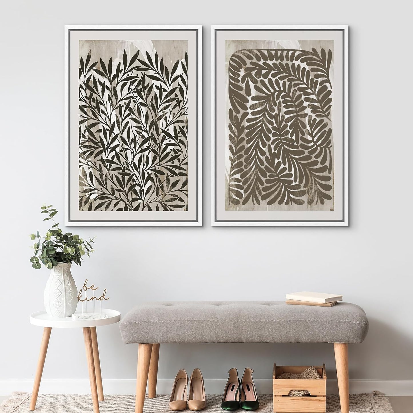 SIGNWIN Framed Canvas Print Wall Art Modern Botanical Abstract Black and Beige Leaf Illustrations Decorative for Living Room, Bedroom, Office - 16"x24"x2 White