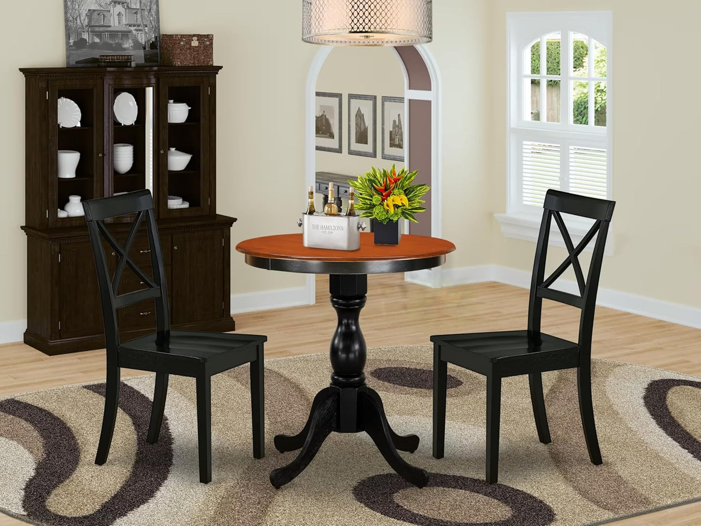 East West Furniture ESBO3-BCH-W 3 Piece Kitchen Table & Chairs Set Contains a Round Dining Room Table with Pedestal and 2 Dining Chairs, 30x30 Inch, Black & Cherry