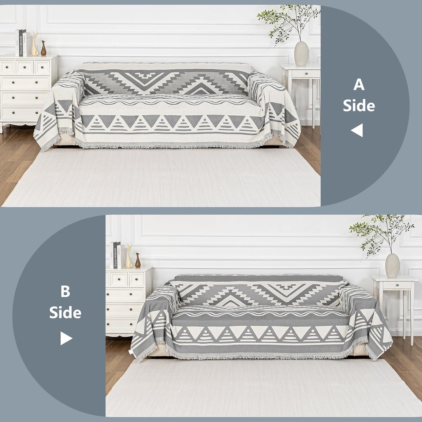 MYSKY HOME Sectional Couch Cover Grey Boho Geometric Sofa Covers for Sectional Sofa L Shape Chenille Couch Protector for Dogs Pets Couch Throw Cover Washable Durable for Home Decor, 71" X118"