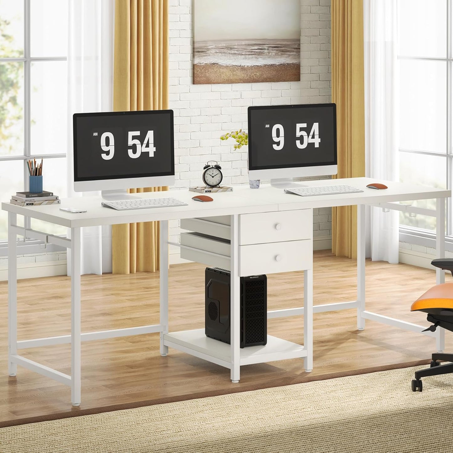 Tribesigns 79 Inch Extra Long Desk, Double Desk with 2 Drawers, Two Person Desk Long Computer Desk with Storage Shelves, Writing Table Study Desk for Home Office, White