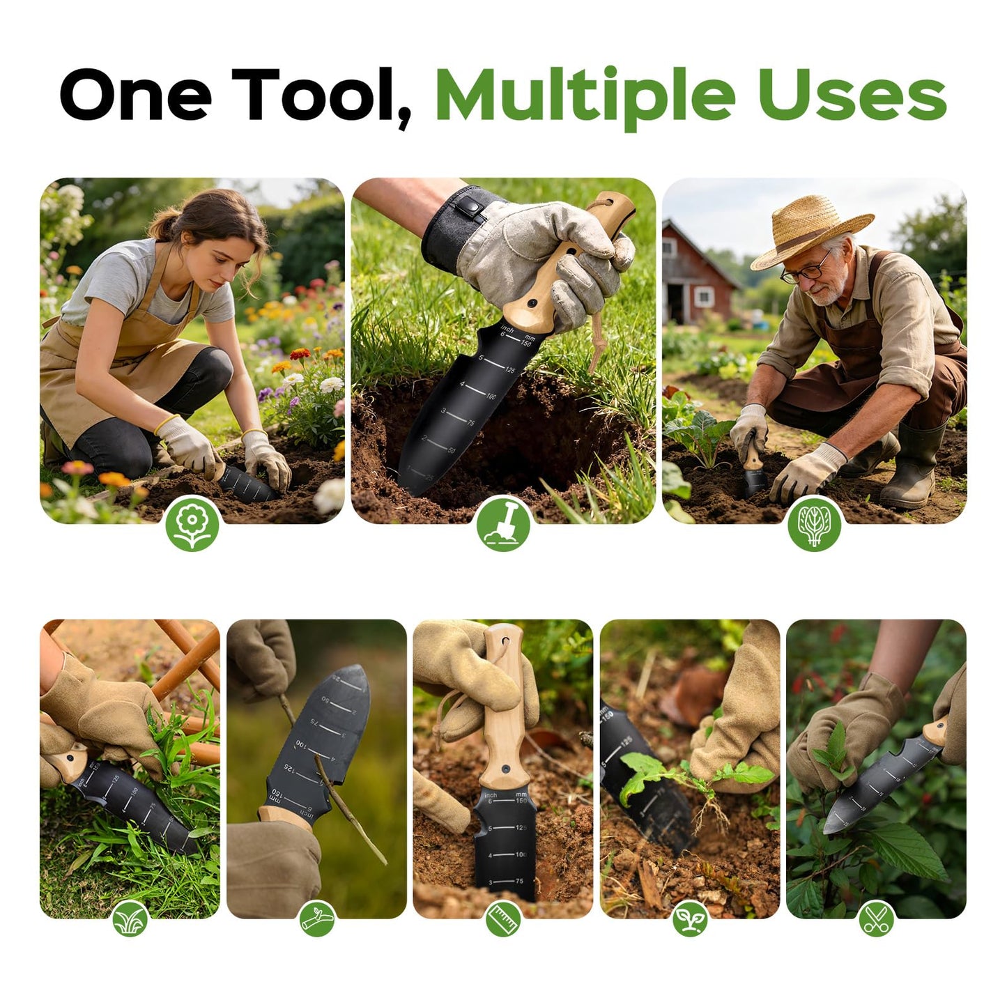 Garden Tools Trowel with EDC Sheath, Gifts for Men Women Mom Dad, Gardening Tools with 7" Stainless Steel Blade, Dual-Scale Measurement, Hanging Hole, Gardening Hand Tools for Weeding Digging Planting
