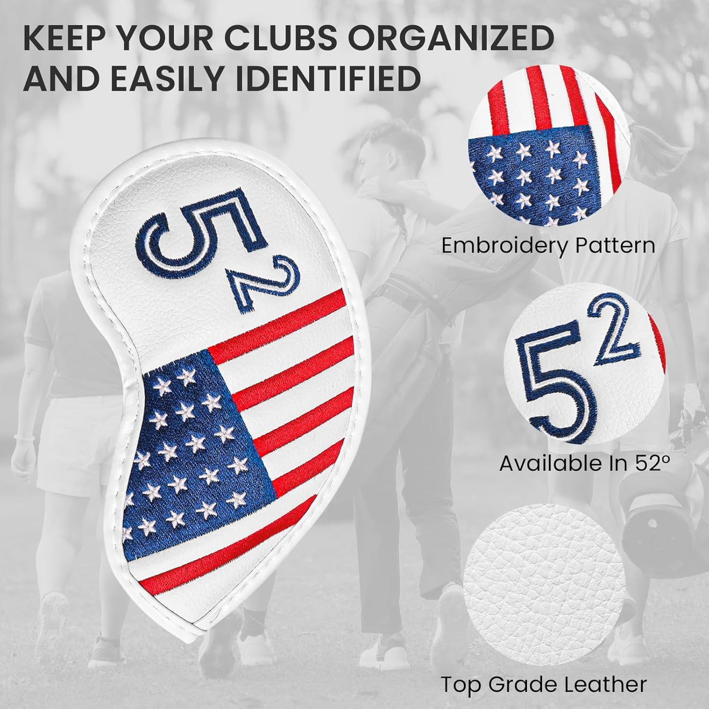 Golf Iron Wedge Head Covers 52° 54° 56° 60° 1 or 4 Pack, Synthetic Leather Clover USA Flag Design Club Head Protection, Universal Headcover Fit Iron Clubs for Men Women