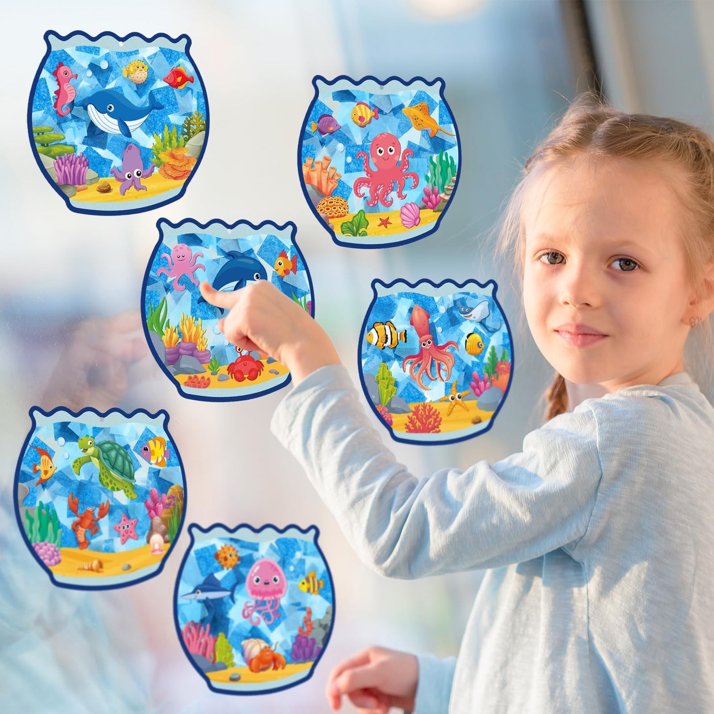 Supervitae 24 Sets Fishbowl Paper Crafts Kits Summer Crafts Sun Catchers Art Kits DIY Fish Tissue Paper Sign Make an Ocean Animals Worlds Stickers Scene for Window Activities Game Party Decor