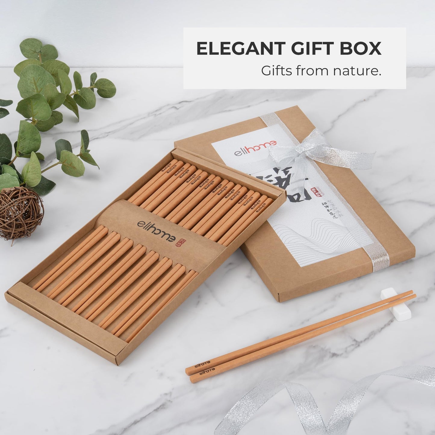 Elihome Premium Wood Fiber Chopsticks, Dishwasher Safe, Heat Resistant, Reusable Japanese Chinese Chopsticks, 26cm/10.25inch, Natural, 5 Pair