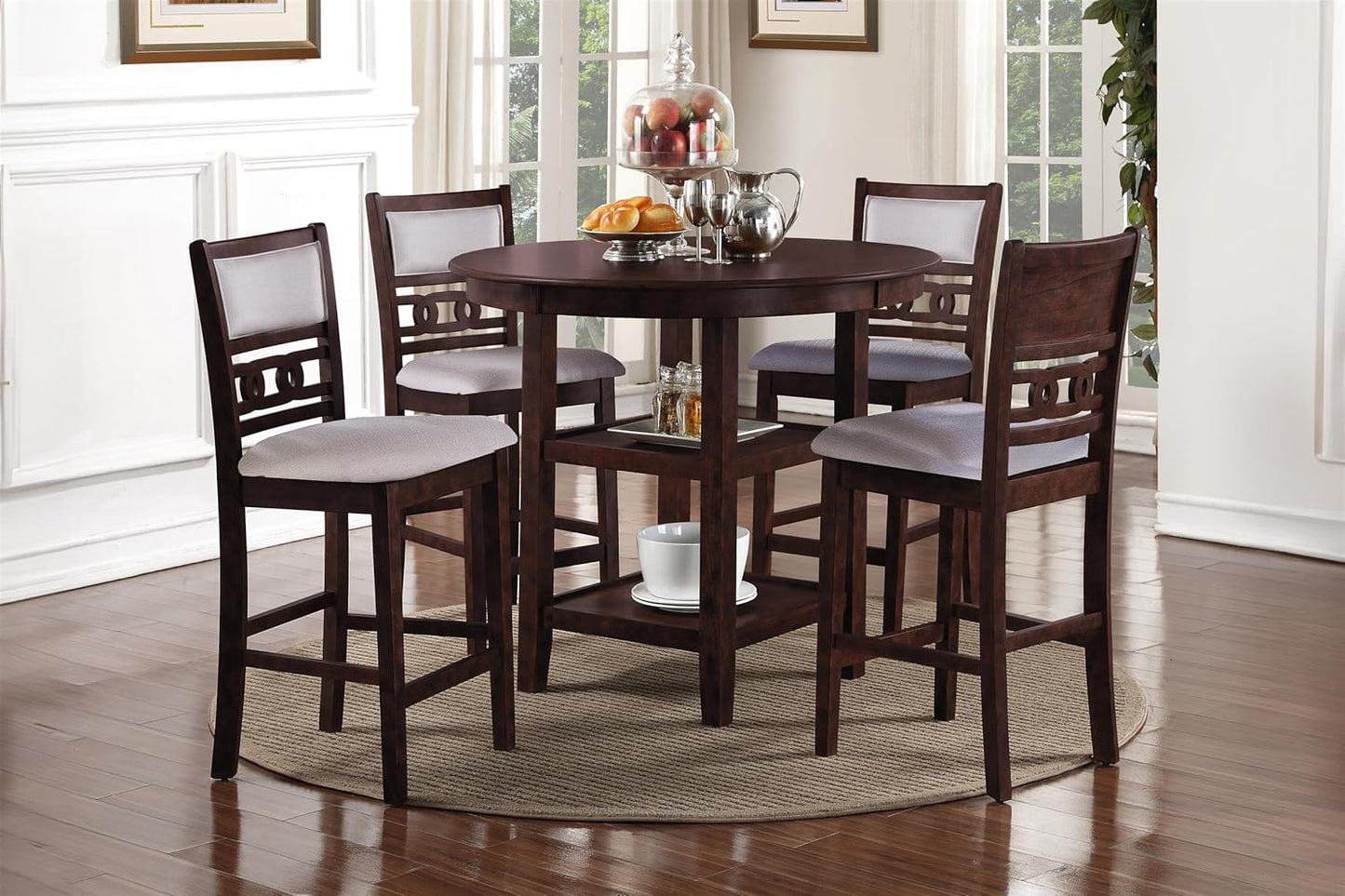 New Classic Furniture Gia 5-Piece Round Counter Height Set with 1 Dining Table and 4 Chairs, 42", Cherry