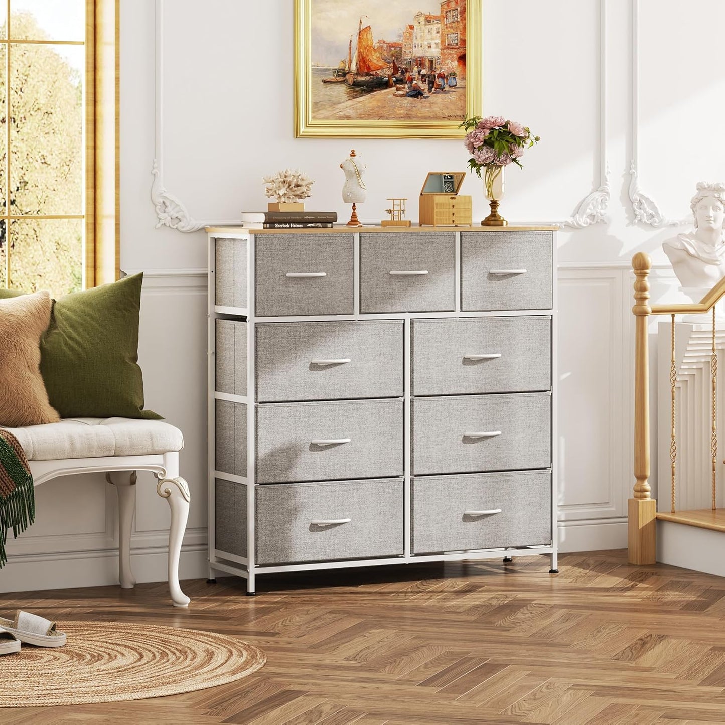 WLIVE 9-Drawer Dresser, Fabric Storage Tower for Bedroom, Hallway, Entryway, Closet, Tall Chest Organizer Unit with Fabric Bins, Steel Frame, Wood Top, Easy Pull Handle, Light Grey