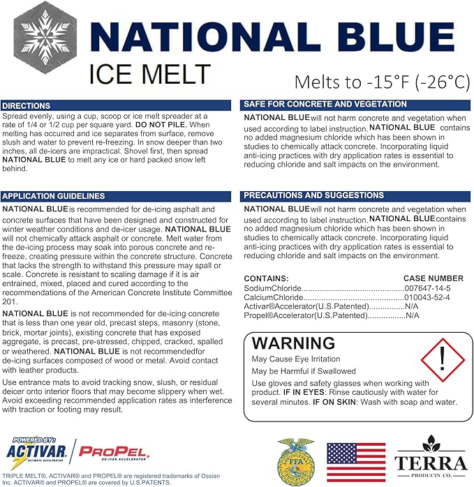 National Blue Ice Melt and Snow Salt 50lb Bucket - Fast Acting Ice Melter - Pet, Plant and Concrete Friendly, Environmentally Safe - Free of Magnesium Chloride - Melts to -15°F