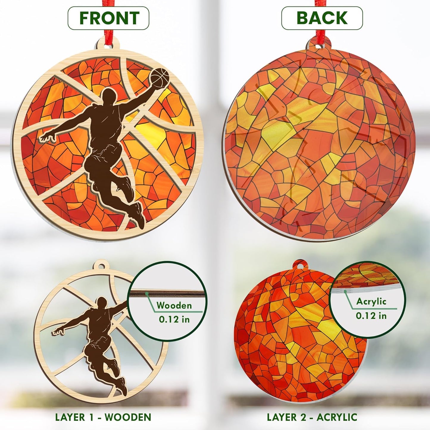 FLAGWIX Christmas Basketball Gifts for Boys 12-16 and 8-12, Basketball Ornament - Suncatcher Sports Christmas Ornaments 2025 for Tree Decorations - Sports Gifts for Boys 8-12 Coach Men