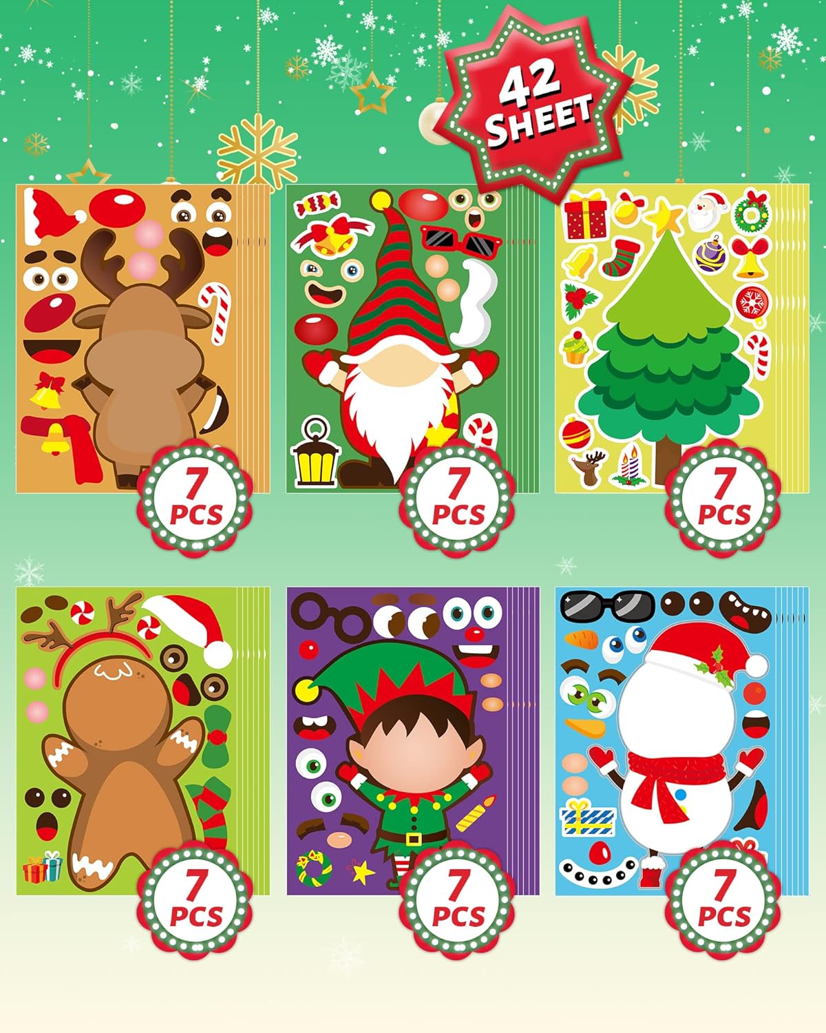 42 Sheets Christmas Party Favors Stickers, Christmas Crafts Make Your Own Sticker, Gifts for Classroom Student Stocking Stuffers Goodie Bag Activities Game Holiday Sticker for Kids
