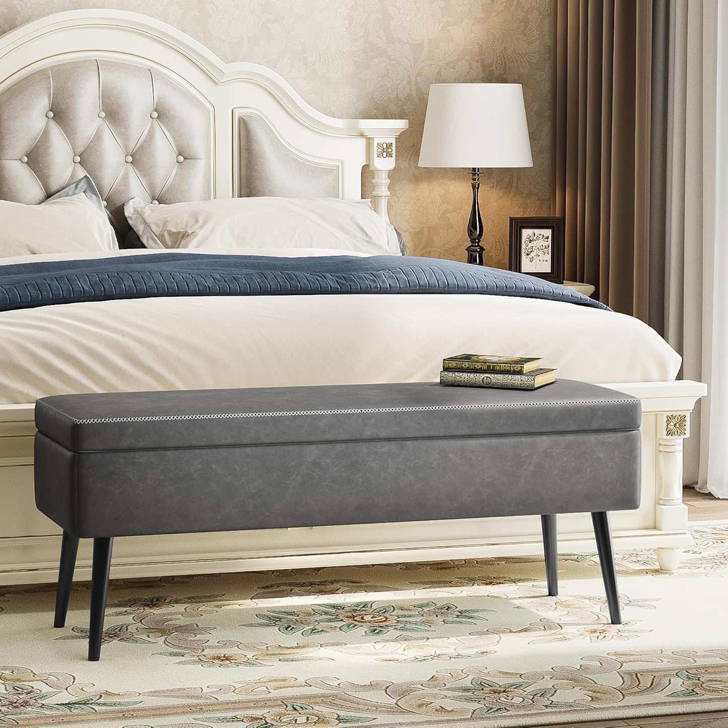 GarveeHome Storage Ottoman Bench, Mid-Century Modern Entryway Bedroom Bench, Synthetic Leather with Stitching, Safety Hinges, Loads 680 Lb, Grey