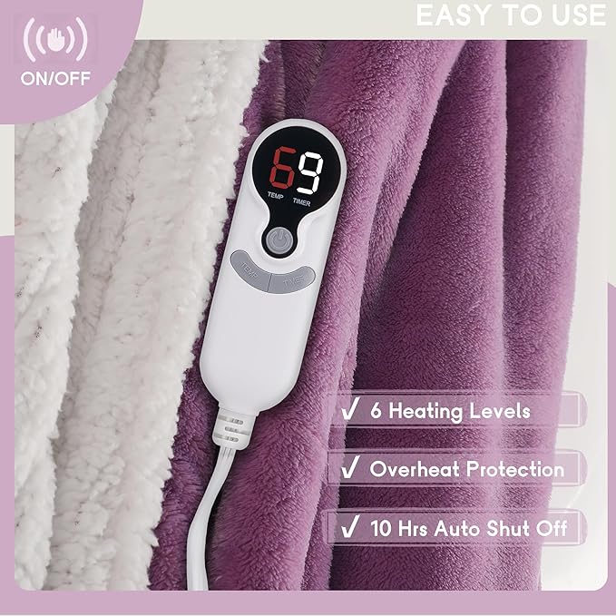 Heated Blanket Electric Blanket Full Size 72''x84'' with 9 Heating Levels, 1-10 Hour Auto Shut Off, Machine Washable, Flannel & Sherpa Soft Warming Blanket for Couch, Bed, Office - Purple
