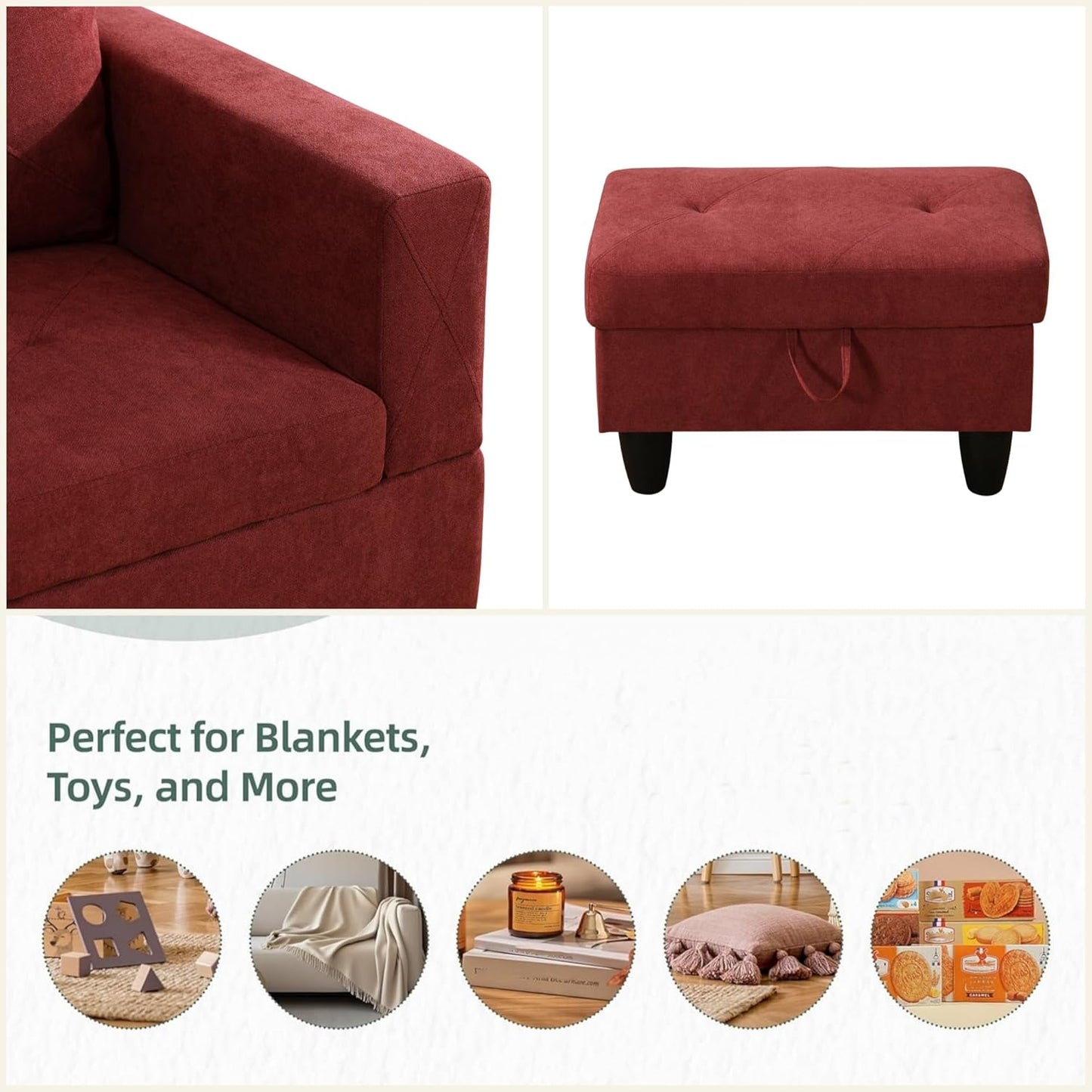 L Shaped Sectional Couch Sofa, Modern Couches for Living Room, Comfy 4 Seat Modular Sectional Sofa with Ottoman Storage for Bedroom Apartment, Red
