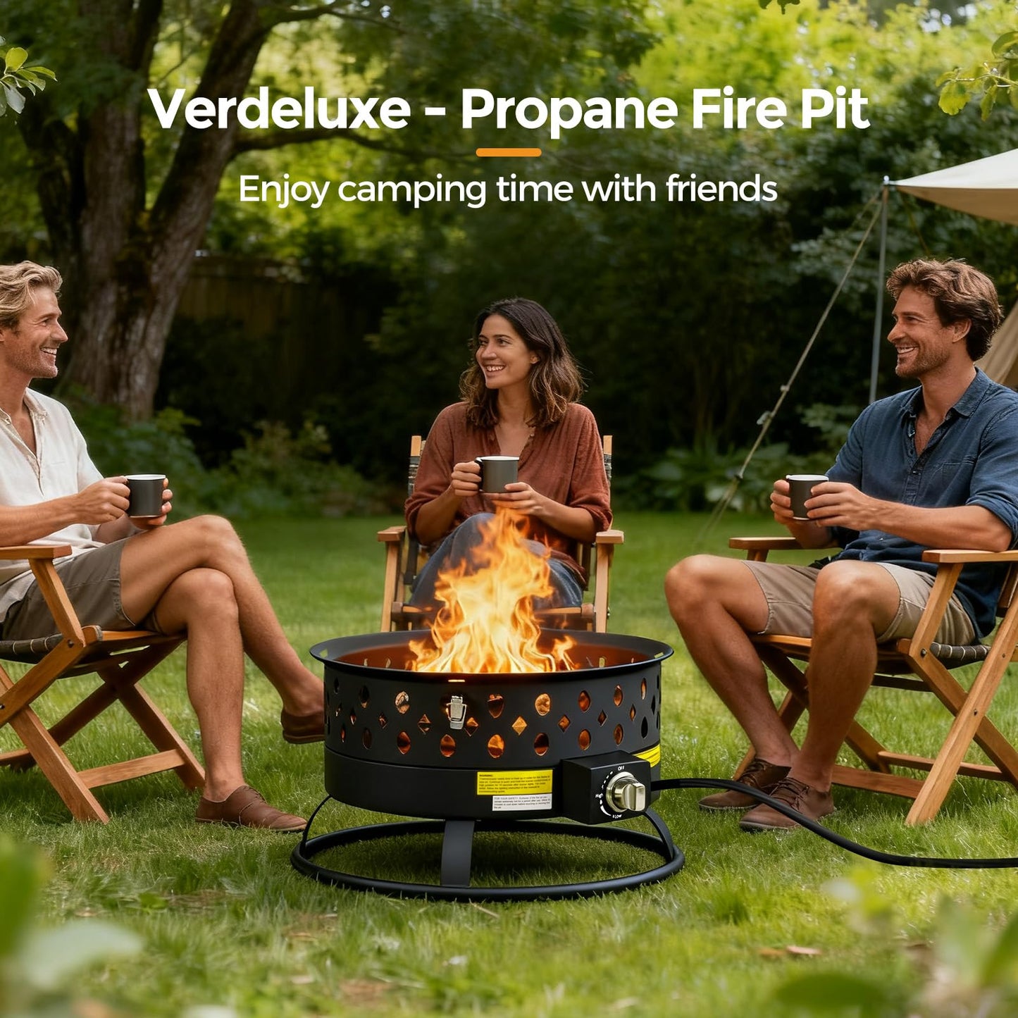 Verdeluxe 22 Inch Portable Propane Fire Pit,Gas Fire Pit for Outside with Lid & Handle, Smokeless Gas Firepit Bowl with Lava Rocks,Outdoor Propane Firepits for Camping,Patio,Yard,Bonfire.(Black)