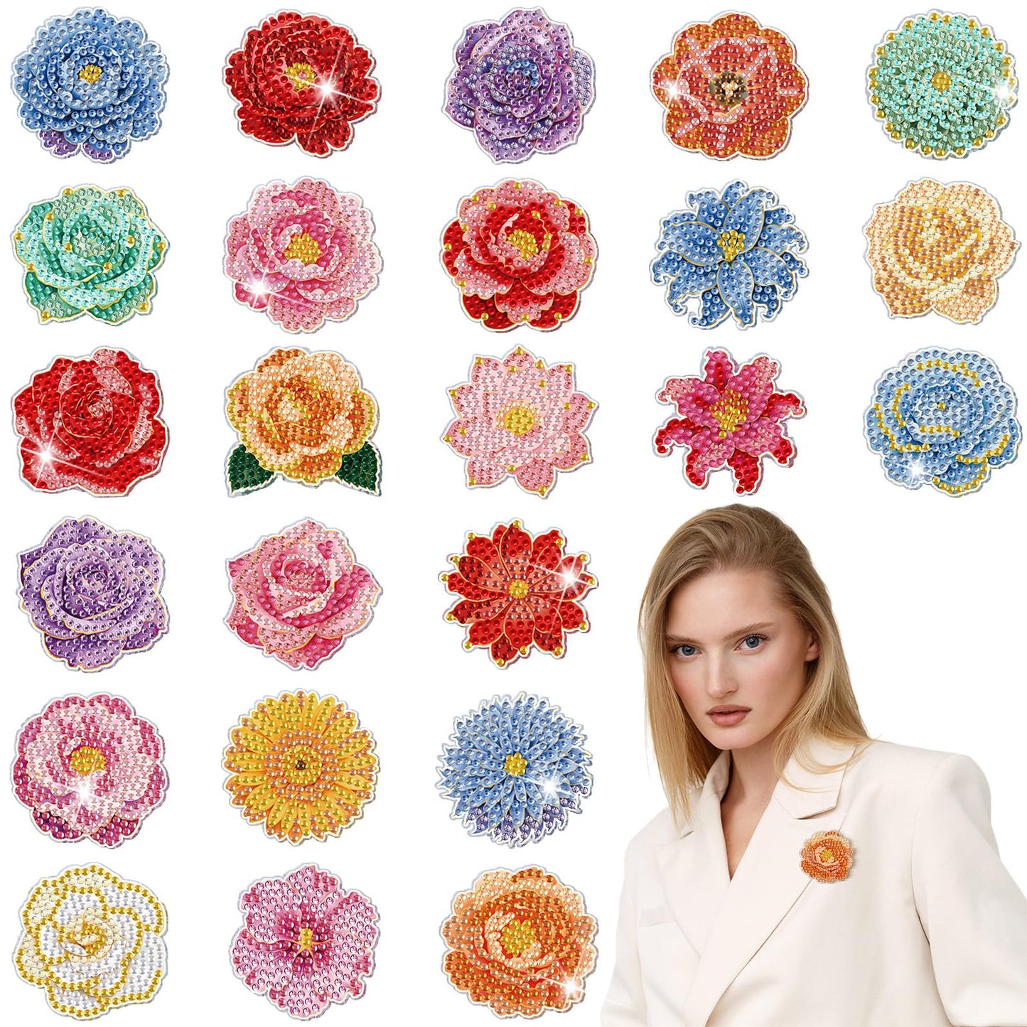 Kenning 24 Pcs Spring Flowers Diamond Painting Brooch Bulk Diamond Art Pins Kits for Adults 5d Rhinestones Floral Lapel Brooch for Beginner DIY Crafts Wedding Jewelry Spring Party Gifts