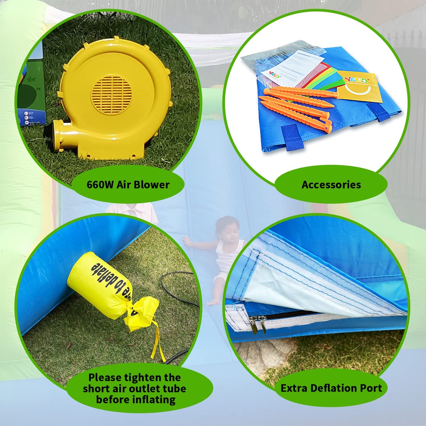 YARD Bounce House for Big Kids 5-12, 21.3'x9.2'x7.9' Inflatable Obstacle Course Bouncy Castle with Large Slide for Ages 3-6,8-12, Jump House with 750w Blower for Outdoor Party 750w-Green