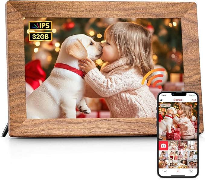 Frameo 10.1" Digital Picture Frame, Smart WiFi Digital Photo Frame with 1280x800 HD IPS Touch Screen 32GB Memory Auto-Rotate Wall Mounted, Share Photos/Videos from Phone Anywhere - Brown