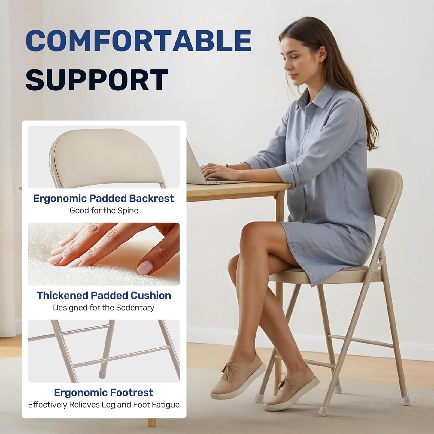 HealSmart 2 Pack Folding Chairs with Leather Padded Cushion Seats & Durable Metal Frame, Comfortable, Foldable, Portable, Commercial Event Seat, Indoor Outdoor for Home, Parties, Office, Kahki