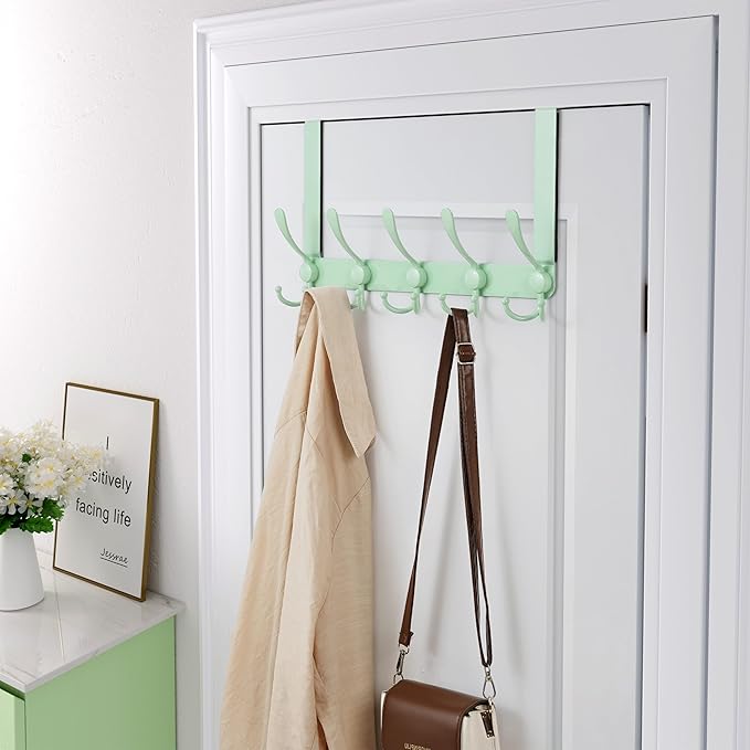 Dseap Over The Door Hook Hanger - 5 Tri Hooks, Heavy Duty Over The Door Towel Rack Coat Rack for Clothes Hat Towel,Green