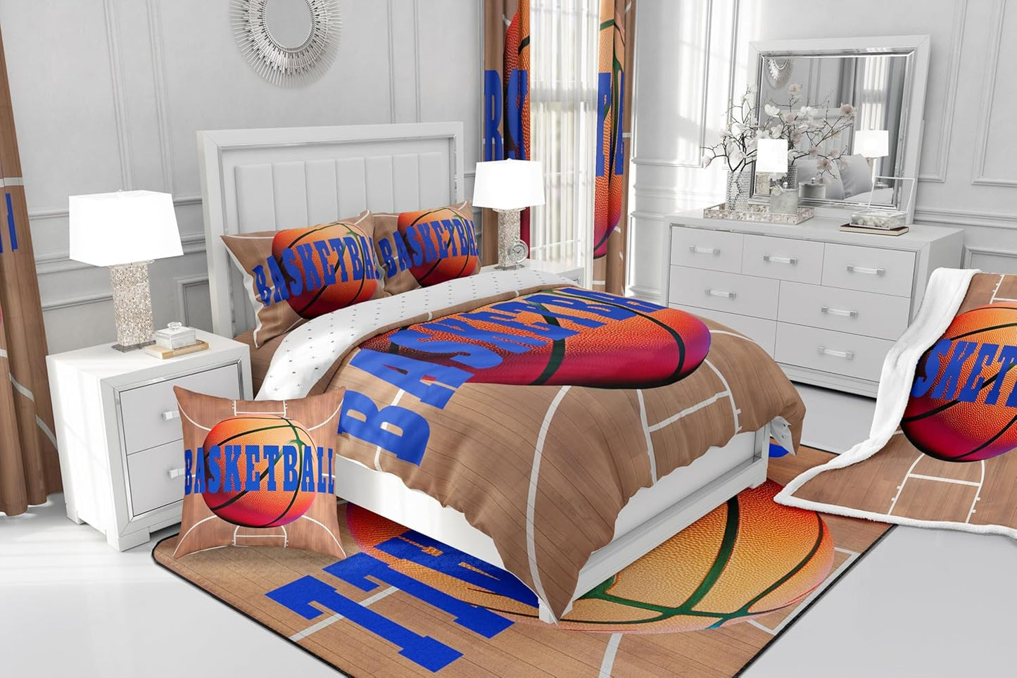 Feelyou Basketball Polyester Bath Rug Basketball Court Print Soft Fleece Door Carpet for Kids Boys Girls Orange Basketball Non Slip Bath Mat Ball Game Bathroom Floor Indoor Doormat,16x24 Inch