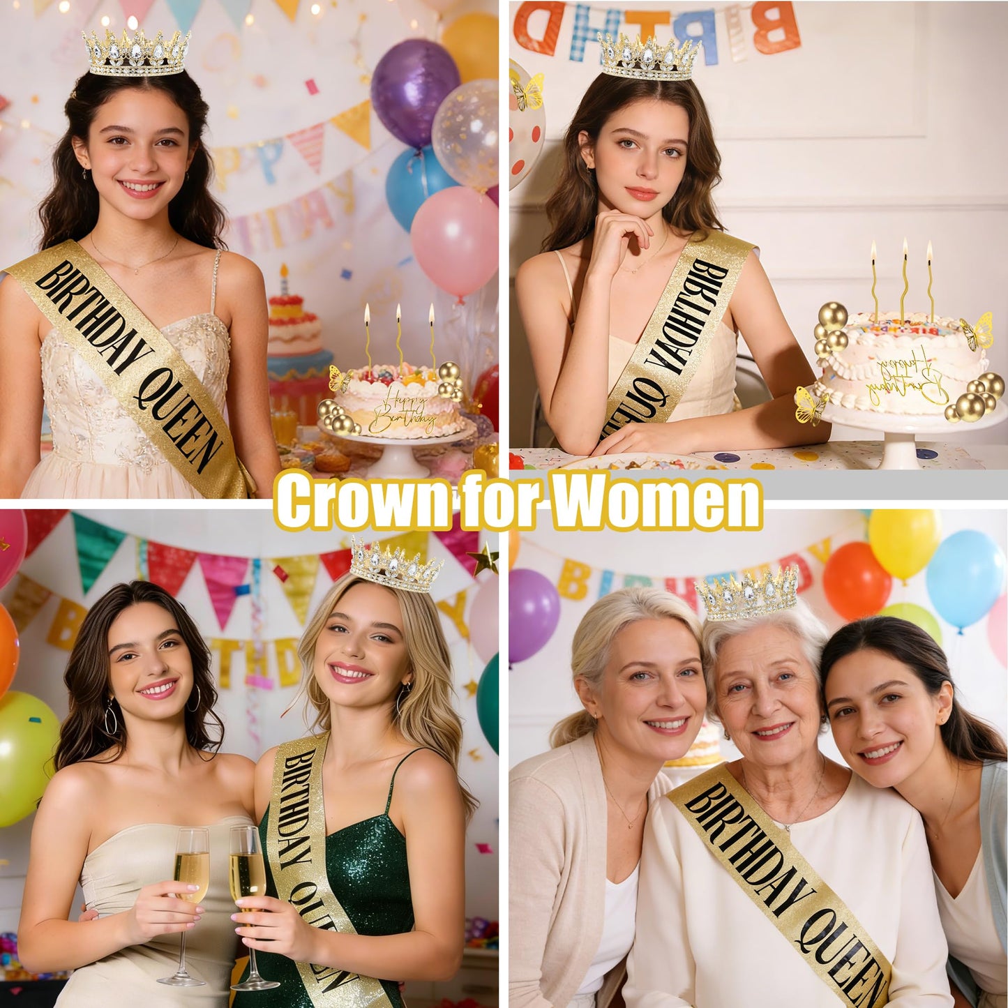 AMZVALU Crown & Birthday Sash for Women - Gold Crown Happy Birthday Cake Topper Candle Balls Butterfly | Corona Para Pastel | Sweet Crown Decoration for Queen Princess Bride Wedding Prom (Gold, White)