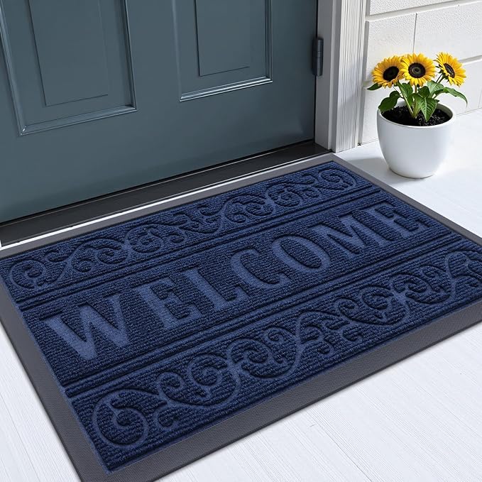 OLANLY Welcome Door Mat Indoor Outdoor Entrance, Heavy Duty Sturdy Front Door Mat, Waterproof All-Weather Doormat, Stain Resistant, Low Profile, Easy Clean Patio Entryway Mat, 47 x 24, Navy Blue