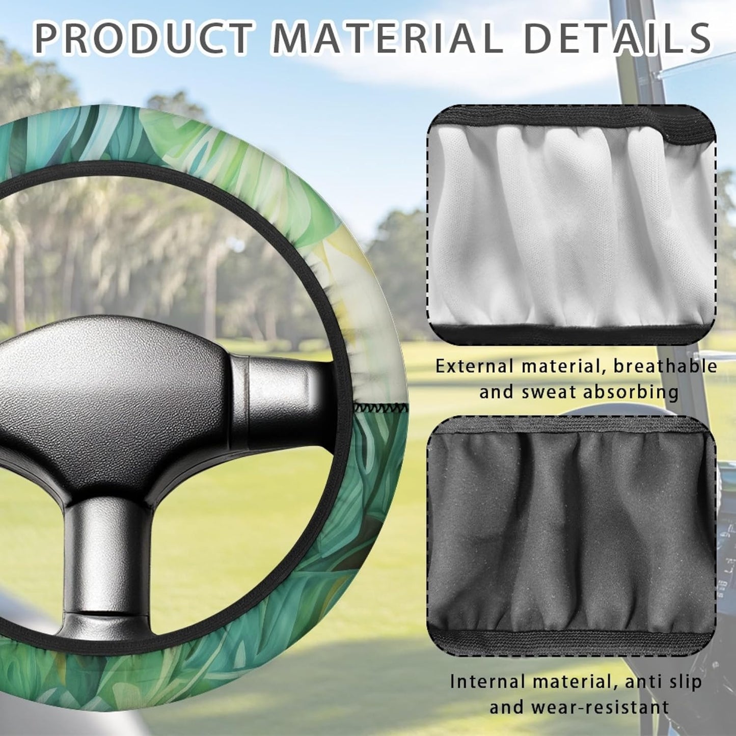 Tropical Leaves Golf Cart Steering Wheel Cover Universal Fit 14 Inch Green Polyester