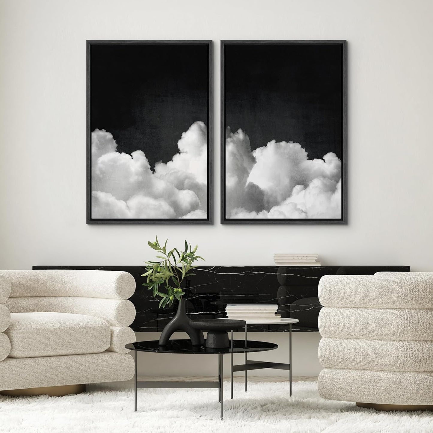 SIGNWIN Framed Canvas Print Wall Art Moody Black and White Cloud Illustrations Modern Art Decorative Contemporary for Living Room, Bedroom, Office - 16"x24"x2 Black