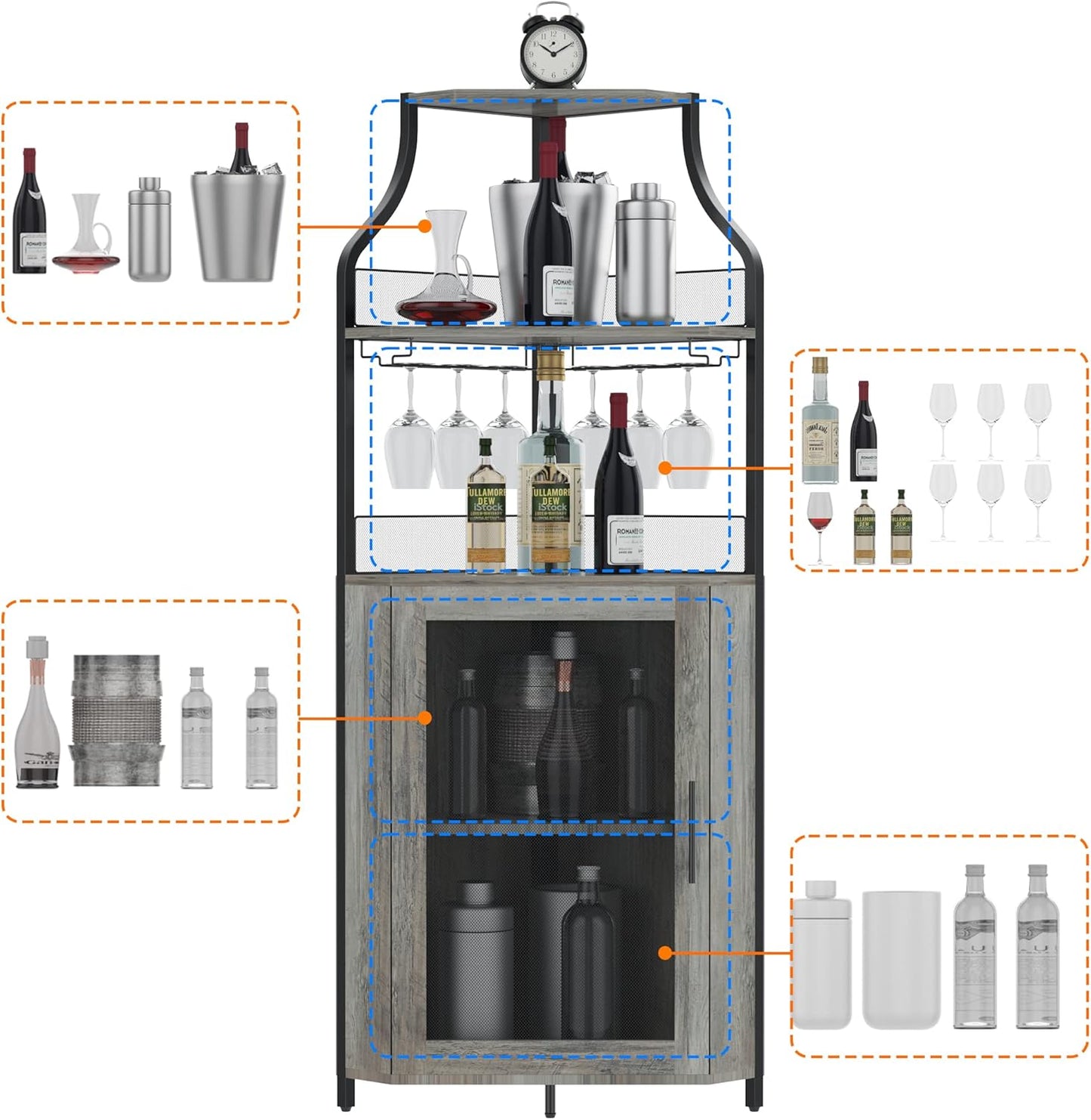 GarveeHome Corner Wine Cabinet with Detachable Wine Rack, 5-Tier Industrial Corner Bar Cabinet with Barn Door and Glass Holder, Farmhouse Buffet Cabinet and Home Bar, Grey