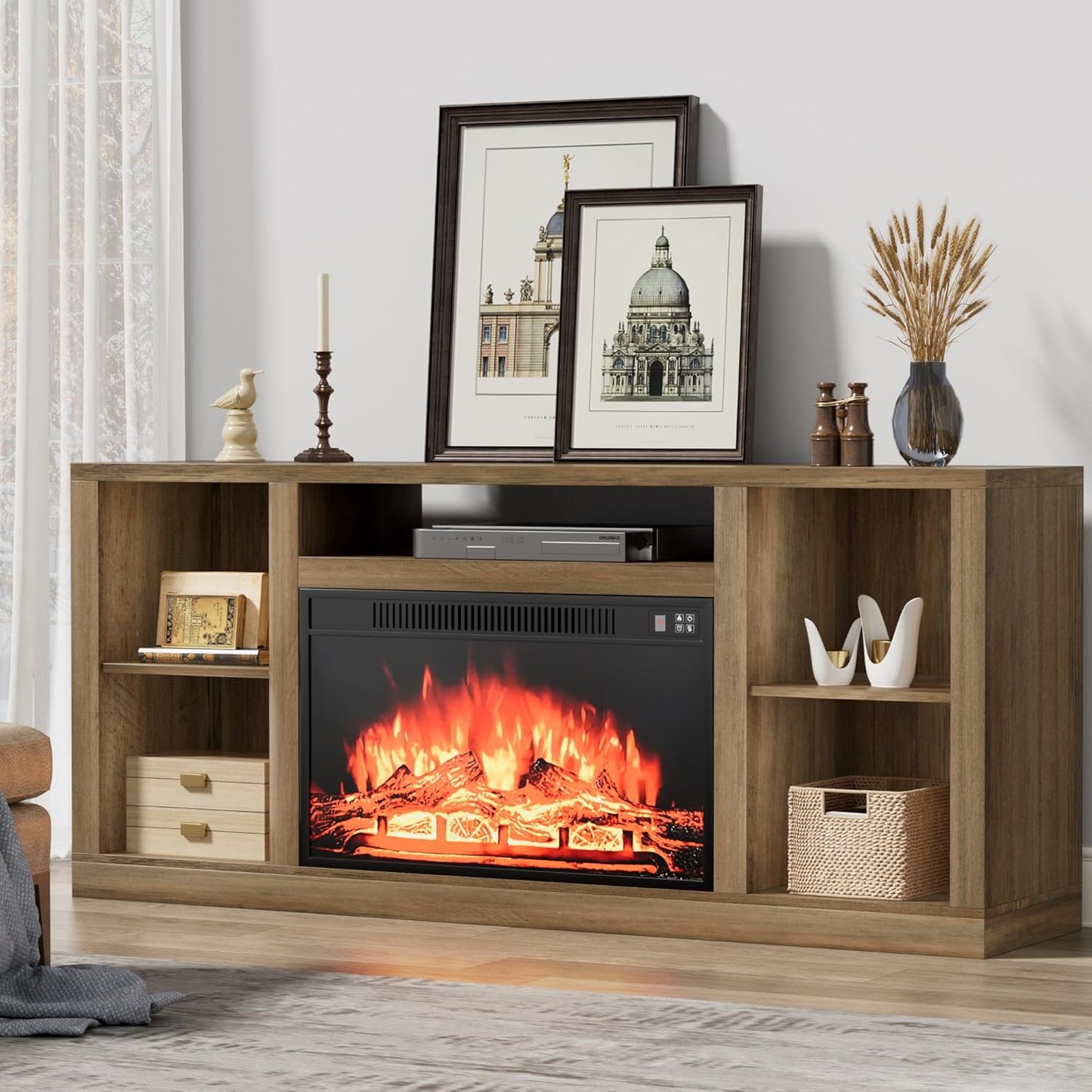 YESHOMY Electric Fireplace TV Stand for Televisions up to 65+ Inch, Media Entertainment Center Console Table with Four Open Storage Shelves & Cabinets, 58 Inch, Barnwood