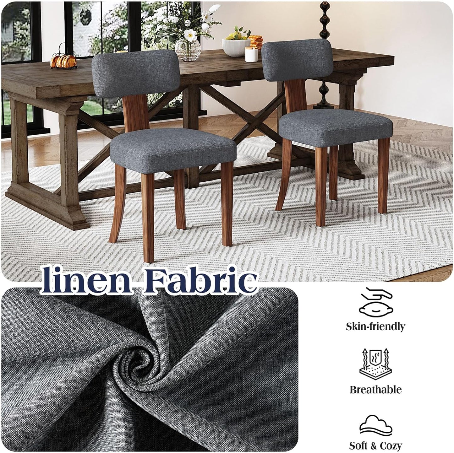 Mid Century Modern Dining Chairs Set of 4, Linen Upholstered Kitchen Chairs with Curved Backrest & Adjustable Legs for Living Room/Lounge, Easy to Install, Grey Linen