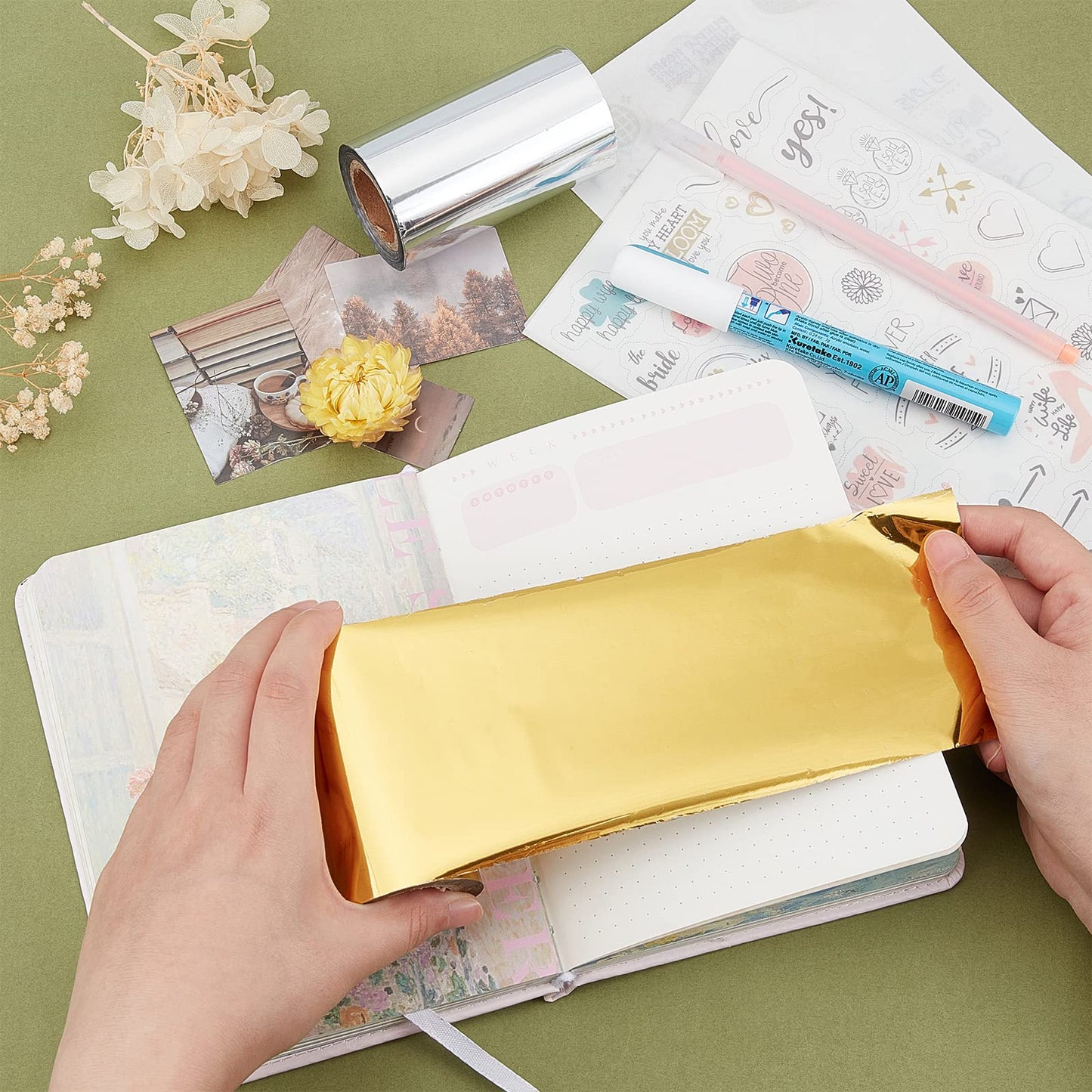 SUPERFINDINGS 2 Colors Hot Foil Stamping Paper 66Ftx3.15in Heat Transfer Foil Paper Metallic Golden Silver for DIY Craft Embossing Scrapbooking Cards
