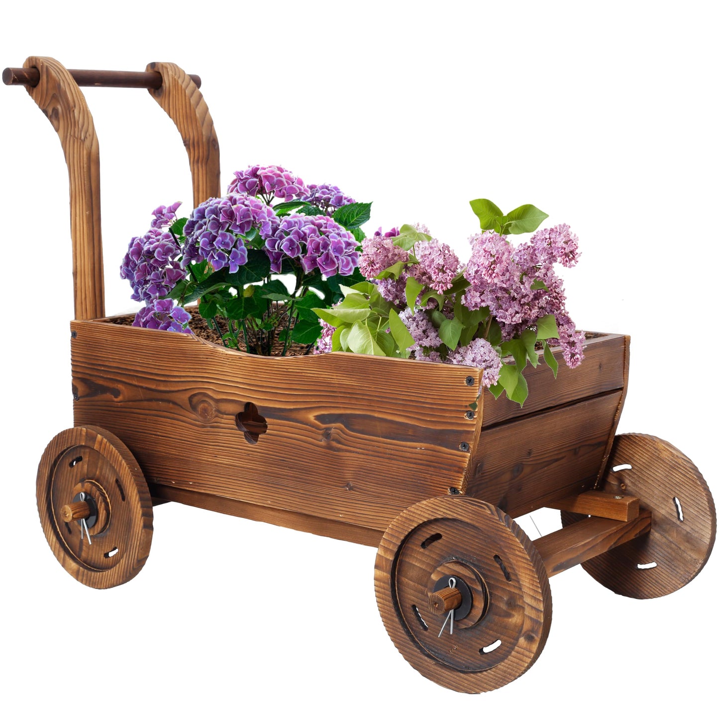 VRAXO Wooden Wagon Planter Box, Mobile Garden Planter with 4 Wheels, Handle, Drain Hole, Decorative Flower Planter for Indoor & Outdoor Decor, Wooden Flower Cart for Patio, Garden, Balcony, Brown