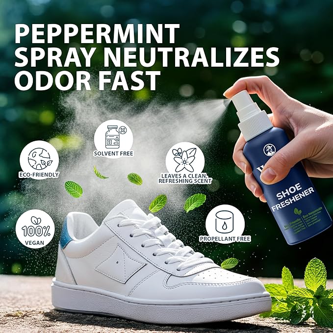 Shoe Deodorizer Spray & Odor Eliminator Kit - Shoe Spray for Smelly Shoes, Feet & Gym Bags | Peppermint Scent | Odor Removal & Shoe Cleaning Solution | 4 fl oz Spray + 2 Pairs of Deodorizer Balls